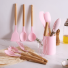 11pcs Wooden Handle Silicone Kitchen Utensils Set Storage Bucket Non-stick Shovel Spoon Cooking Kitchen Utensils 11 Pieces Set Silicone Shovel Spoon -