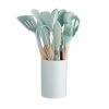 11pcs Wooden Handle Silicone Kitchen Utensils Set Storage Bucket Non-stick Shovel Spoon Cooking Kitchen Utensils 11 Pieces Set Silicone Shovel Spoon -
