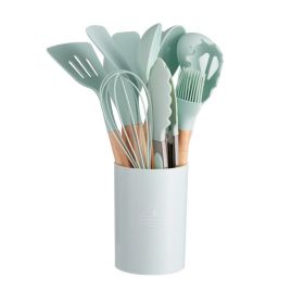 11pcs Wooden Handle Silicone Kitchen Utensils Set Storage Bucket Non-stick Shovel Spoon Cooking Kitchen Utensils 11 Pieces Set Silicone Shovel Spoon -