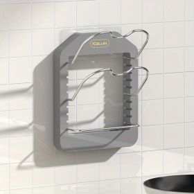 1pc Wall Mounted Pot Lid Rack; Free Punch Pot Cover Holder; Hanging Lid Organizer; Kitchen Accessories - Grey - Two-tier pot lid rack + rag rack