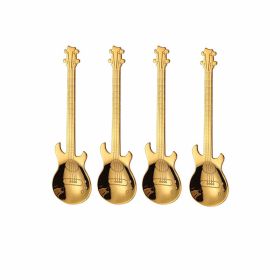 Metal Guitar Spoon Flatware Set 18/10 Stainless Steel Guitar Spoons Creative Milk Coffee Spoon Ice Cream Candy Teaspoon - Golden 4 Pcs
