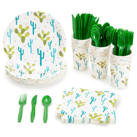 Cactus Party Supplies with Succulent Plates, Napkins, Cups and Cutlery - 144 pieces