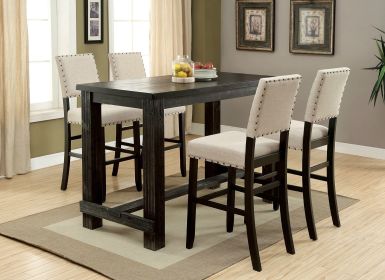 Antique Black Wooden 5pc Counter Height Dining Bar Set Table And 4x Chairs Ivory Linen Like Fabric Cushions Nailhead Trim Bar Chairs - as Pic