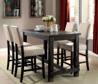 Antique Black Wooden 5pc Counter Height Dining Set Table And 4x Chairs Beige Linen Like Fabric Cushions Nailhead Trim Chairs - as Pic