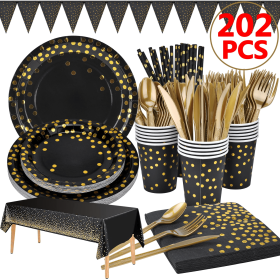 Disposable Black and Gold Paper Plates , Cutlery , Napkins , Cups ,Tablecloth Banner  - 202pcs