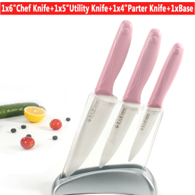 Maxfavor Pink 3pcs Ceramic Kitchen Knife Set Slicing Utility Paring 4" 5" 6" Knives Blade + Base - Maxfavor