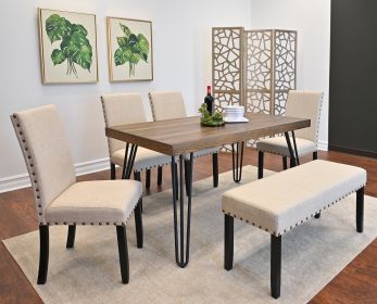 Amisos 6-Piece Dining Set, Hairpin Dining Table with 4 Chairs and Upholstery Bench, 3 Color Options - as Pic