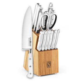Cook N Home Kitchen Knife Set with Bamboo Storage Block 15-Piece, High Carbon Stainless Steel Blade, White - Cook N Home