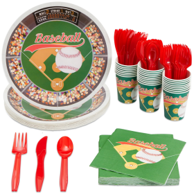 144 Piece Baseball Birthday Party Supplies with Baseball Plates, Napkins, Cups, and Cutlery for Boys and Girls, Decorations (Serves 24) - Juvale