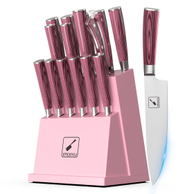 imarku 16-Pieces Kitchen Knife Set, High Carbon Stainless Steel Knives Set for Kitchen, Ultra Sharp Knife Block Set with Sharpener, Pink - imarku