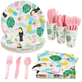 Set of Tropical Paper Plates, Flamingo Napkins, Cups, Pink Cutlery for Hawaiian Luau Party Supplies Disposable - 144 pieces