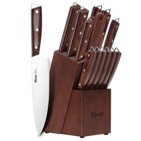 Emojoy Knives Set for Kitchen with Block and Sharpener, 15 Pcs Professional Stainless Steel Multicolor Knife Wooden Block Set - Sledge