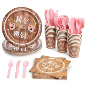 Serves 24 Mr and Mrs Bridal Shower Plates, Napkins, Cups, and Cutlery, Wedding Decorations, Engagement Party Supplies (144 Pieces) - Juvale