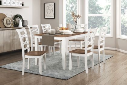 Cherry and White Finish 7pc Dining Set Table and 6 Side Chairs Set Double X-Back Design Wooden Casual Country Style Dining Room Furniture - as Pic
