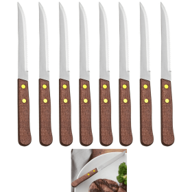 8 Pack Serrated Steak Knives Stainless Steel Knife Set Wooden Utensil Cutlery - AllTopBargains