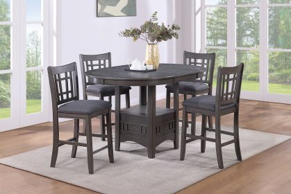 Contemporary Dining Room Counter Height 5pc Dining Set Round Table w Leaf And 4x Side Chairs Gray Finish Solid wood - as Pic