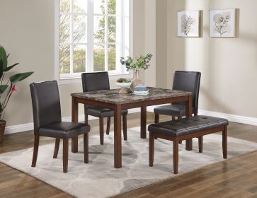 Classic Stylish Espresso Finish 5pc Dining Set Kitchen Dinette Faux Marble Top Table Bench and 3x Chairs Faux Leather Cushions Seats Dining Room - as
