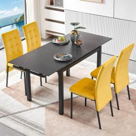 5-Pieces Functional Retractable Ceramic Table Dining Table Dining Set Including Yellow Velvet High Back Black Color Legs for Living Room,Dining Room,K