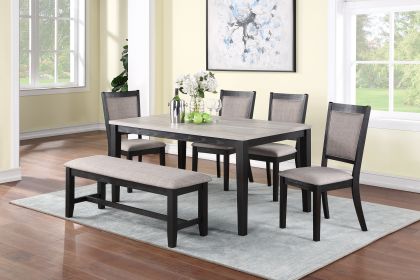 Contemporary Dining 6pc Set Table w 4x Side Chairs And Bench Padded Upholstered Cushion Seats Chairs Solid wood And Veneers Dining Room Furniture - as