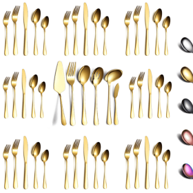 Gold Silverware Stainless Steel Titanium Gold Plating Flatware Set, Spoons Forks Cutlery Set Contains 6 Pieces Serving Set - 46 Pieces