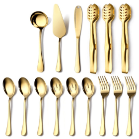 OGORI 15 Pieces Gold Serving Utensils Set Polished Stainless Steel Hostess Cutlery Set for Dinner Party Supply - Ogori