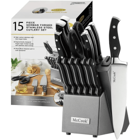 McCook MC25A 15-Piece Kitchen Knife Set Stainless Steel Forged Triple Rivet Cutlery Knife Block Set with Built-in Sharpener,Chef Knife,Steak Knife - M