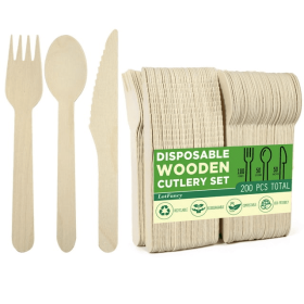 Lot Fancy 200 Count Disposable Wooden Cutlery Set, Biodegradable Utensils, 100 Forks, 50 Spoons, 50 Knives - Lot Fancy
