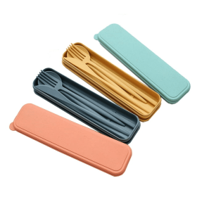 Travel Utensils with Case, 4 Sets Wheat Straw Portable Cutlery Set Chopsticks Knives Fork and Spoon Set for Lunch Box Accessories, Camping