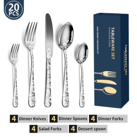 Stainless Steel Silverware Flatware Set 4 Knives 4 Forks 4 Spoons 4 Tea Forks 4 Teaspoons with Beautiful Flower Pattern - 20pcs