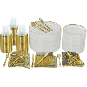 Gold Dinnerware Party Set (100 Guest), 100 Salad Gold Plates, 100 Gold Plastic Silverware Set, 100 Gold Cups Disposable Party Pack