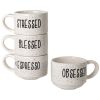 4 8 oz. White and Black Speckled Sentiment Espresso Stoneware Mugs with Rack - Home Essentials