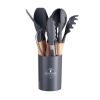 11pcs Wooden Handle Silicone Kitchen Utensils Set Storage Bucket Non-stick Shovel Spoon Cooking Kitchen Utensils 11 Pieces Set Silicone Shovel Spoon -