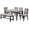 Contemporary Dining 6pc Set Table w 4x Side Chairs And Bench Padded Upholstered Cushion Seats Chairs Solid wood And Veneers Dining Room Furniture - as